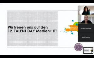 Das Team vom TALENT DAY Medien +  IT in einem Online-Meeting mit Karsten Schwaiger von der Behörde für Kultur und Medien und Sarah Persicke von der Handelskammer Hamburg.